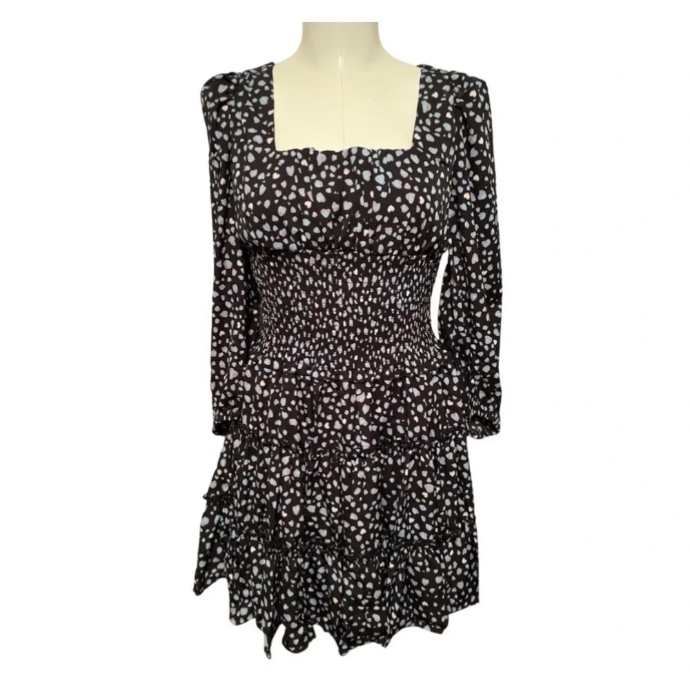 Cottagecore puff sleeve tiered tiny hearts leopard print smocked waist dress S, - Picture 2 of 6